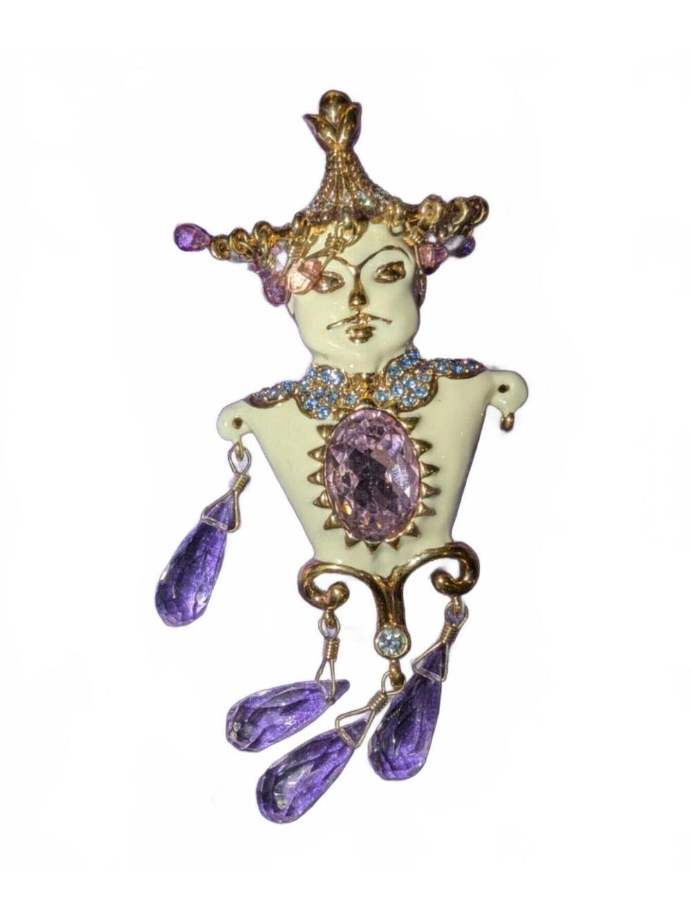 Vintag Statement Brooch Pin with Purple Crystal Dangles missing one